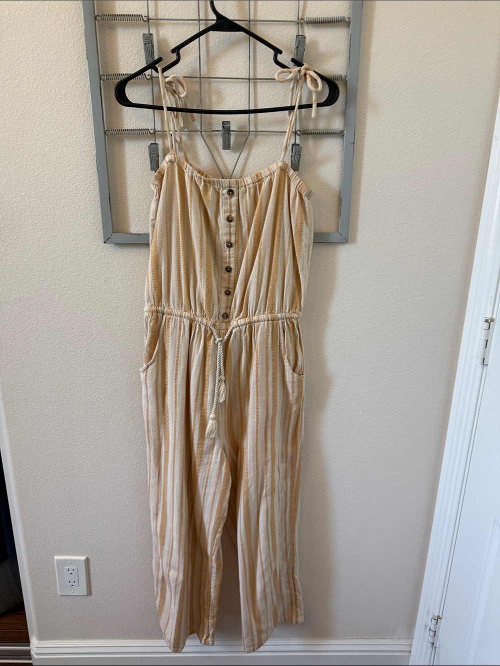 Rip Curl Cream & Tan Striped Tie-Shoulder Jumpsuit